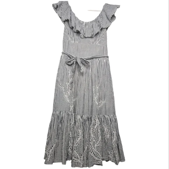 Tory Burch Eyelet Embroidered Stripe Flounce Ruffle Hem Midi Dress Gray Blue 8 - Picture 6 of 13
